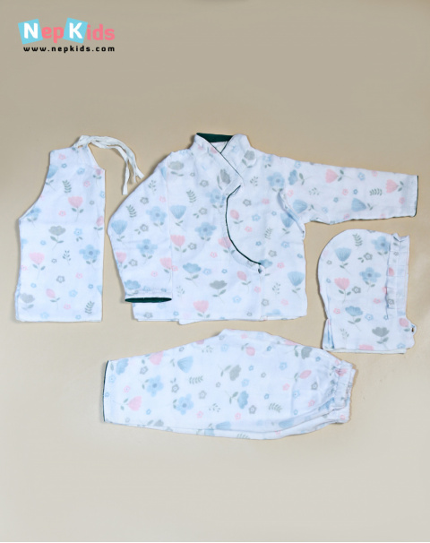 Blue Tulip Cotton Bhoto Set with Blue Piping - Authentic Clothing Set