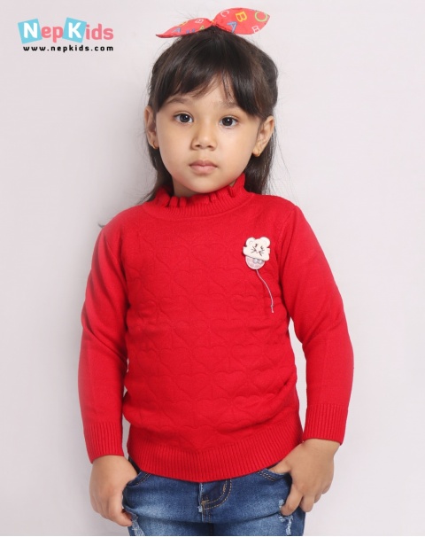 Happy Mouse Red Woolen High Neck - For Girls