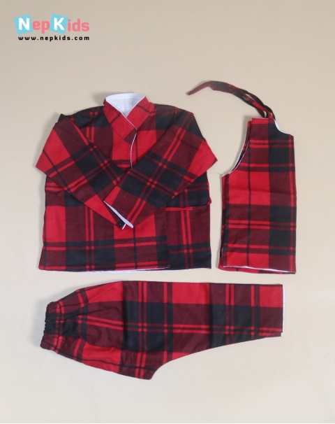 Red And Black Check 3pc Falatin Bhoto Set - For Winter
