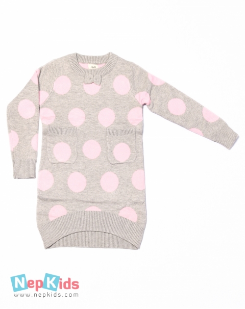 Grey Pink Polka Soft and Warm Long Sweater - For Toddlers and Girls 