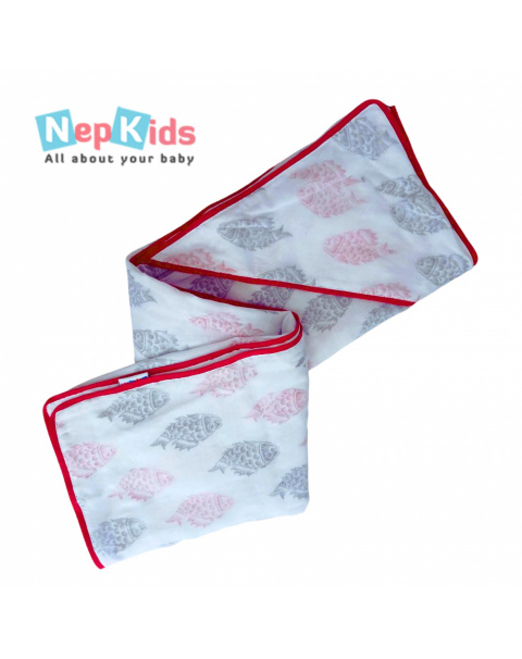 Red And Black Fish 3 Layer Hooded Khasto Wrap - Swaddle With Cap For Babies