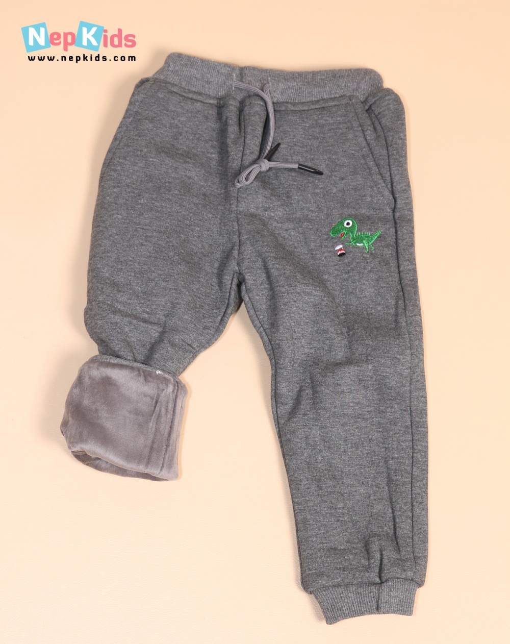 Gray Dino Velvet Inner Winter Joggers - For Kids