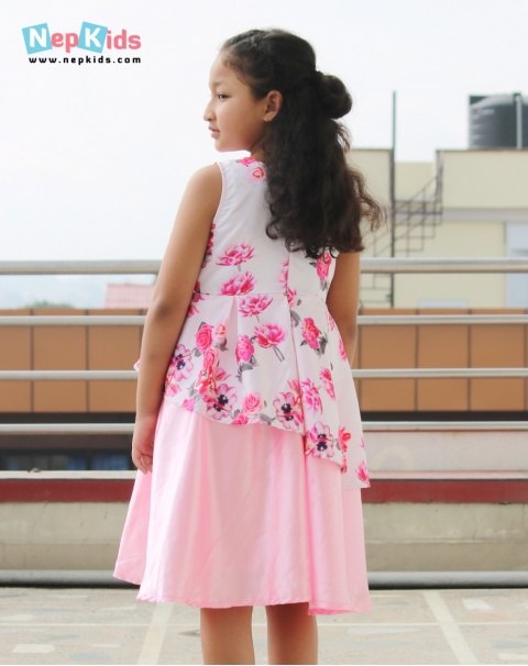 Digital Print Double Layer Pink One Piece Dress for Special Occasion - For Girls