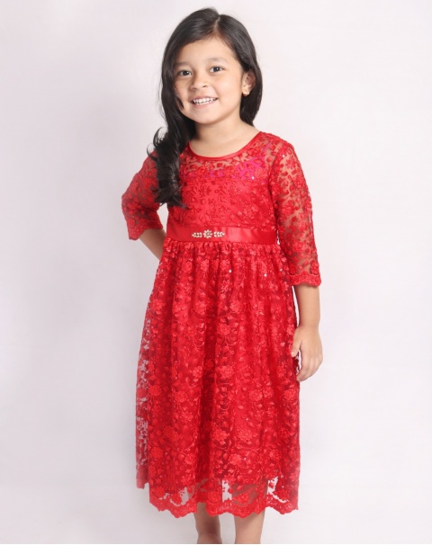 Beautiful Flare Elegant Shining One Piece Dress for Girls  - In Red 