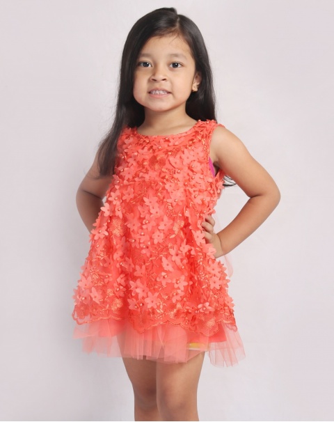 Poppy Flower Net Party dress For Girls - In Deep Orange