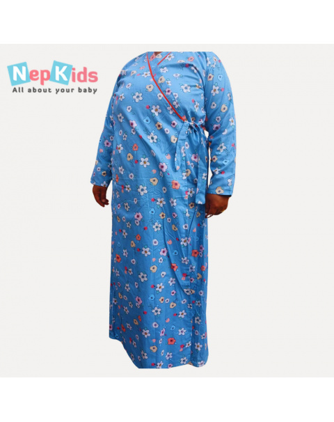 Blue Colorful Flower Cross-Over Cotton Gown - Daily Use Cotton Gown