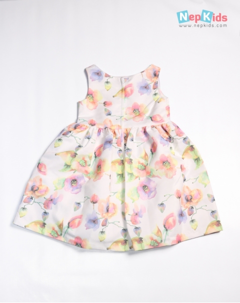 Vibrant Floral Printed White Dress for Girls - 3 to 7 years