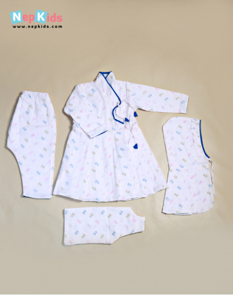 Pinkish Bow 4 Item Dress Set, 3 Layer Jama Set  In Authentic Design