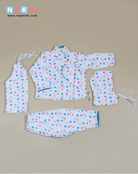 Sweet Apple Print 2 Layered Cotton 4 Items Bhoto Set, For Girls, Boys, Children, Authentic Wear
