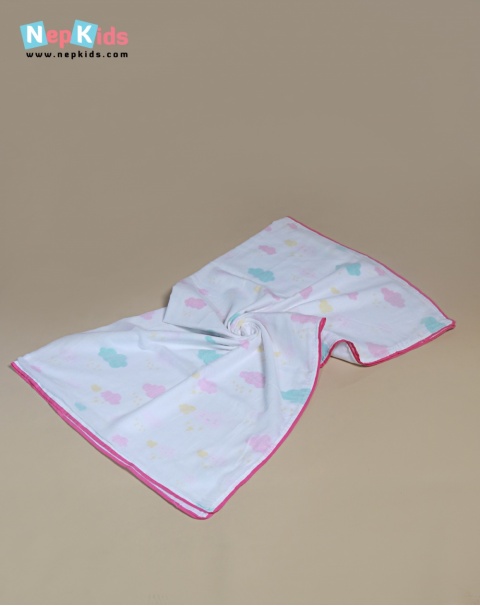 Happy Cloud 3 Layer Cotton Swaddle With Pink Piping - For Babies