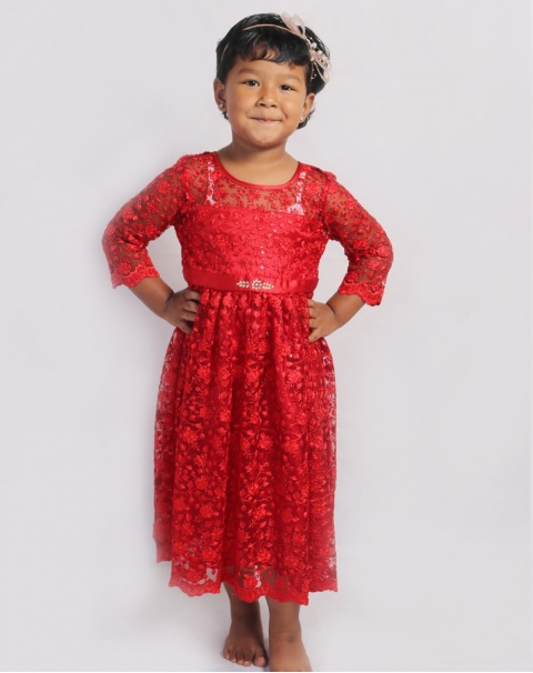 Beautiful Flare Elegant Shining One Piece Dress for Girls  - In Red 