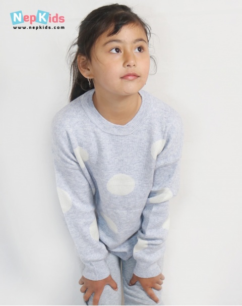 While Polka Round Neck Woolen Sweater - For Girls