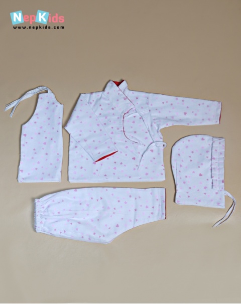 Heart And Star 3 Layer Cotton Bhoto Set  With Pink Piping - Kids Clothing Set