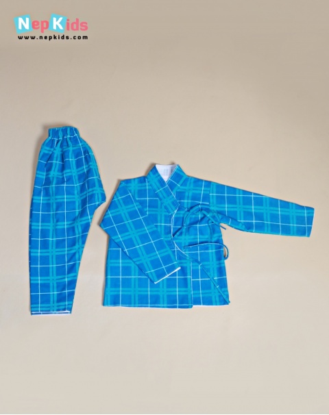 Blue Check  2pc Japanese Falatin Bhoto Set - For Winter
