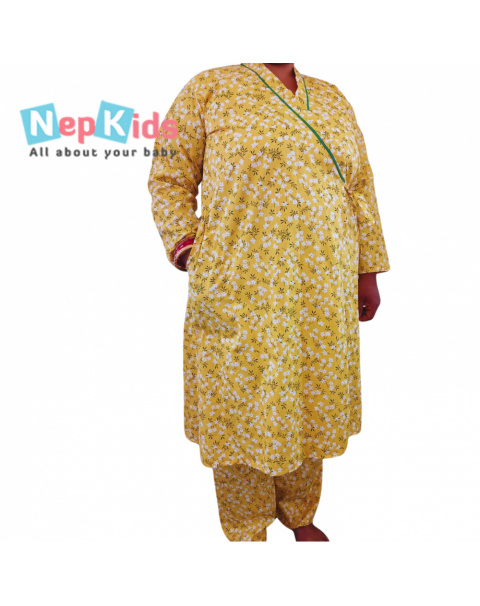Yellow Falling Leaves Kimono Style Maternity Cotton Gown For Women