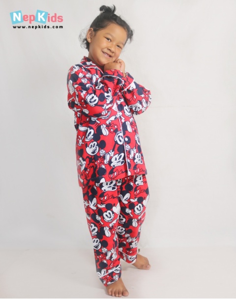 Red Mickey 2 Layer Falatin Night Suit - Top And Trouser Set