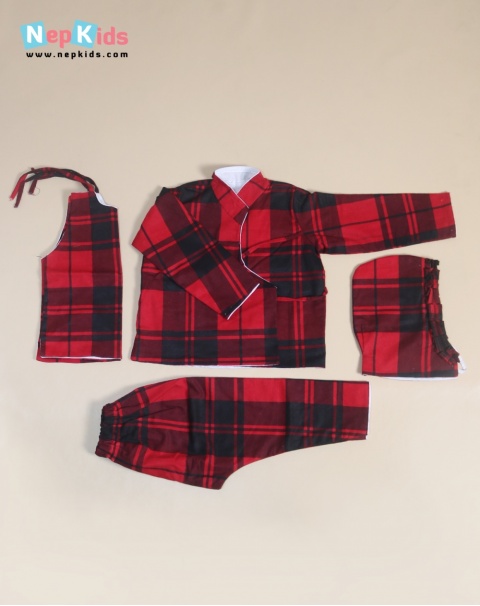 Red And Black Check Falatin 4 Item Bhoto Set - For Winter