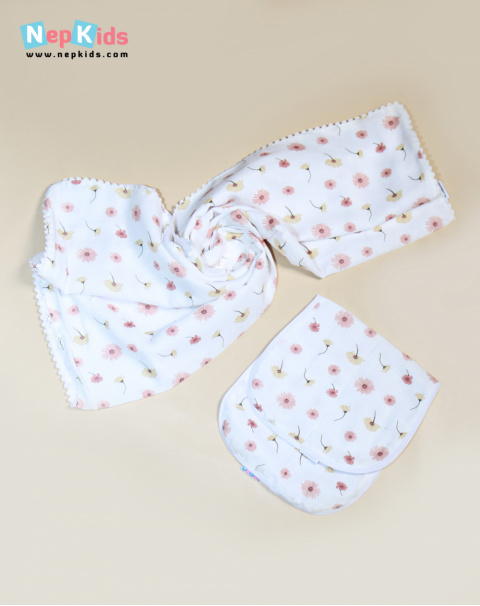 Brown Falling Flower, 1pc Soft Swaddle and 2pc Burp Cloth Package - Great Gifting Item