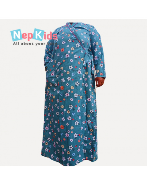 Green Colorful Cross-Over Cotton Gown - Daily Use Cotton Gown