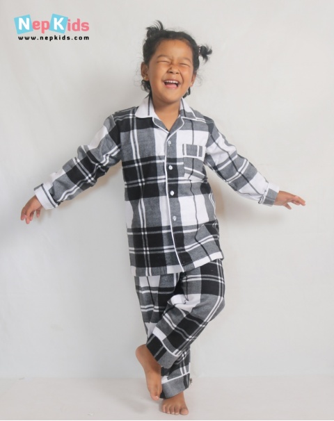 White Check  2 Layer Falatin Night Suit - Top And Trouser Set