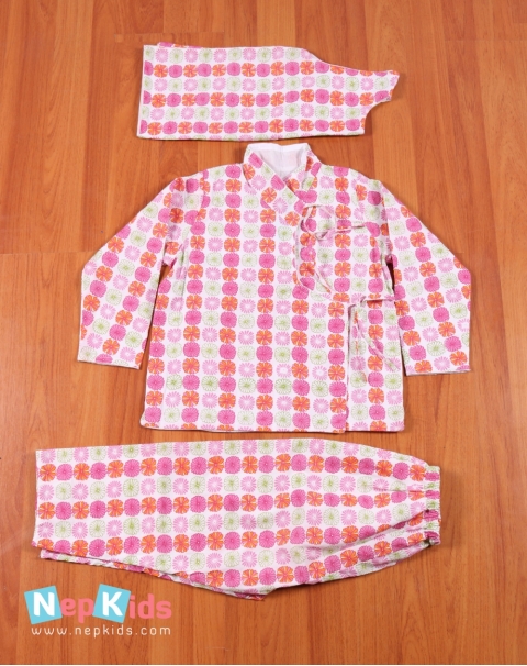 Pink Green Flower All Around 2 Layer Cotton Bhoto Set - 5 to 6 years