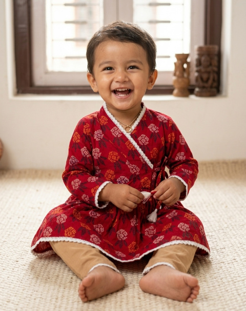 Red Laliguras Cottton Dhaka Jama And Trouser Traditional Set