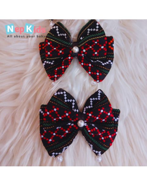 Red And Black Wave Traditional Hair Bow Crafted In Newari Fabric