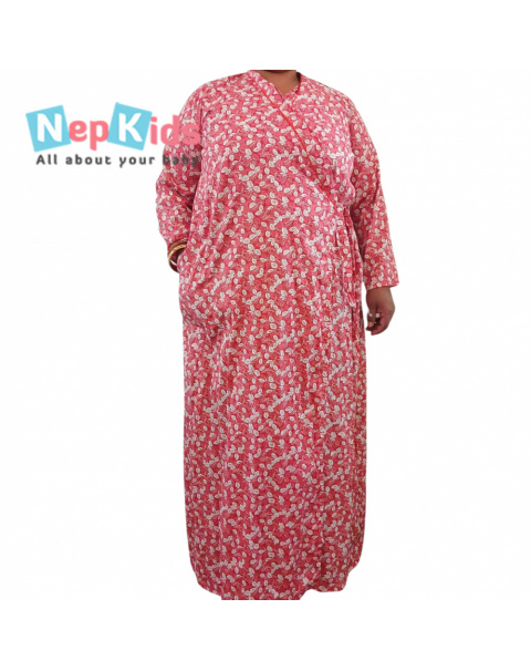 Red And White Leaf Cross-Over Cotton Gown - Daily Use Cotton Gown