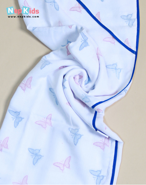 Mal Mal, Blue And Red Butterfly  3 Layer Cotton Hooded Swaddle With Blue Piping - For Babies
