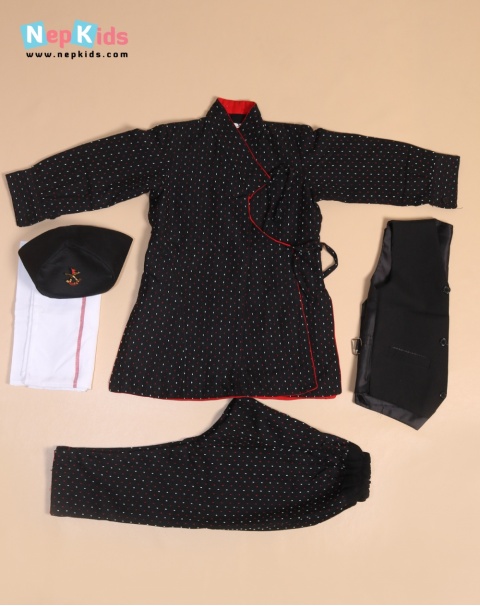 Red and White Dots, Newari Cultural Clothing Set For Boys