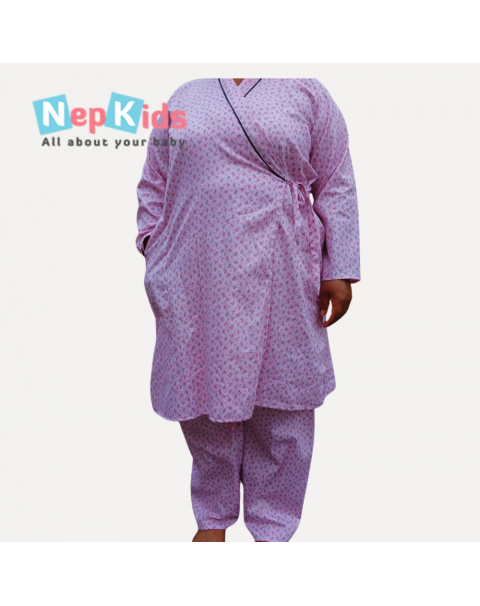 Pink Leaf Kimono Style Maternity Cotton Gown For Women