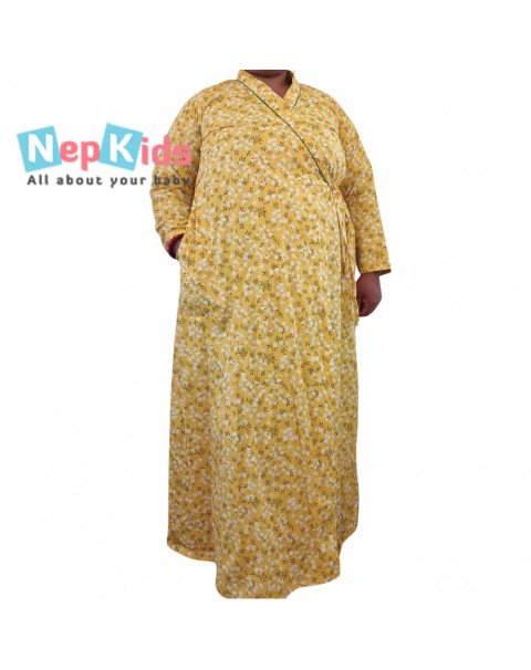 Yellow Falling Leaves Cross-Over Cotton Gown - Daily Use Cotton Gown