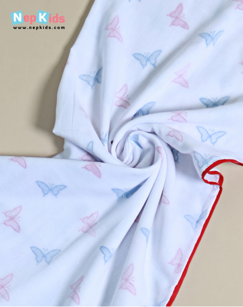 Mal Mal Red and Blue Butterfly  3 Layer Multi Purpose Swaddle - Non Hooded With Red Lining 