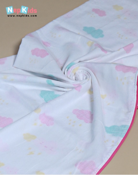 Happy Cloud 3 Layer Cotton Swaddle With Pink Piping - For Babies